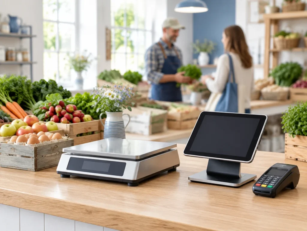 Waage, Tablet-Kasse und Kartenterminal auf der Theke eines Hofladens mit Gemüse