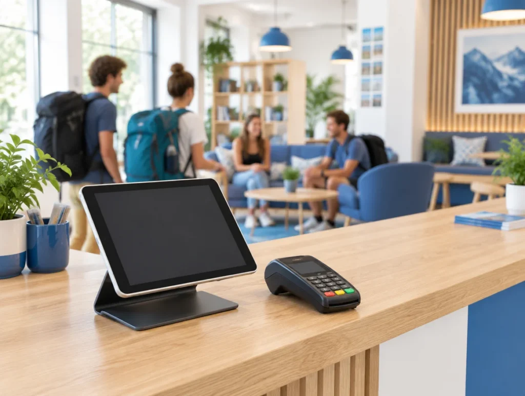 Tablet-Kasse und Kartenterminal an der Rezeption eines Hostels mit Reisenden