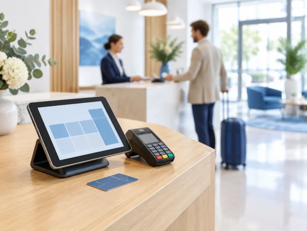 Tablet-Kasse und Kartenterminal an der Rezeption eines hellen Hotels