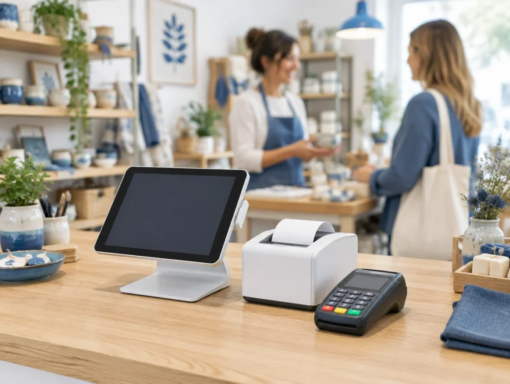 Tablet-Kasse mit Bondrucker und Kartenterminal in einem kleinen Ladengeschäft