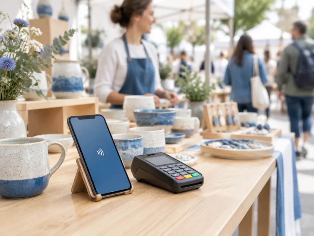 Smartphone als Kasse mit Kartenterminal an einem Marktstand mit Keramik