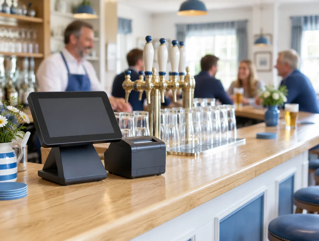 Stationäre Kasse mit Bondrucker auf dem Tresen einer Kneipe mit Zapfanlage