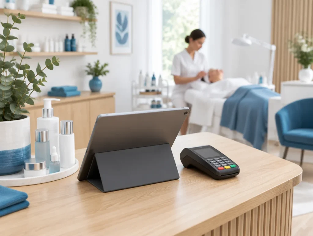 Tablet-Kasse und Kartenterminal am Empfang eines Kosmetikstudios