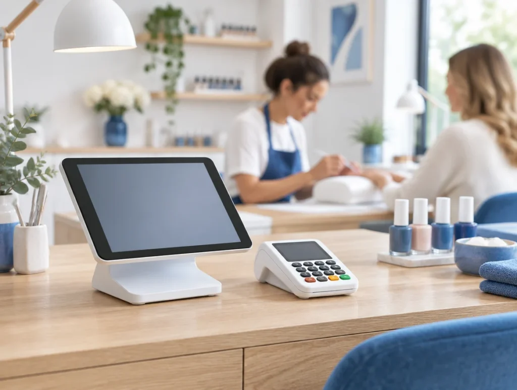 Tablet-Kasse und Kartenterminal am Arbeitsplatz eines Nagelstudios