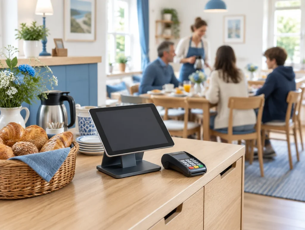 Kompakte Tablet-Kasse und Kartenterminal im Frühstücksraum einer Pension