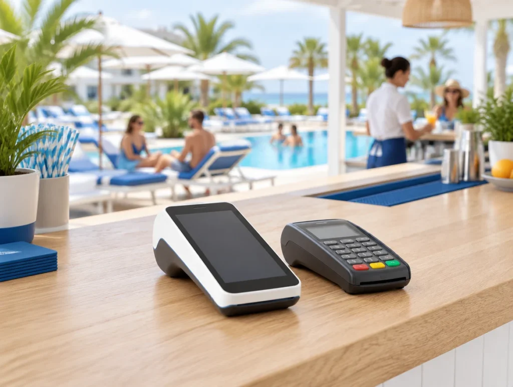 Mobile Kasse und Kartenterminal an der Poolbar eines Resorts