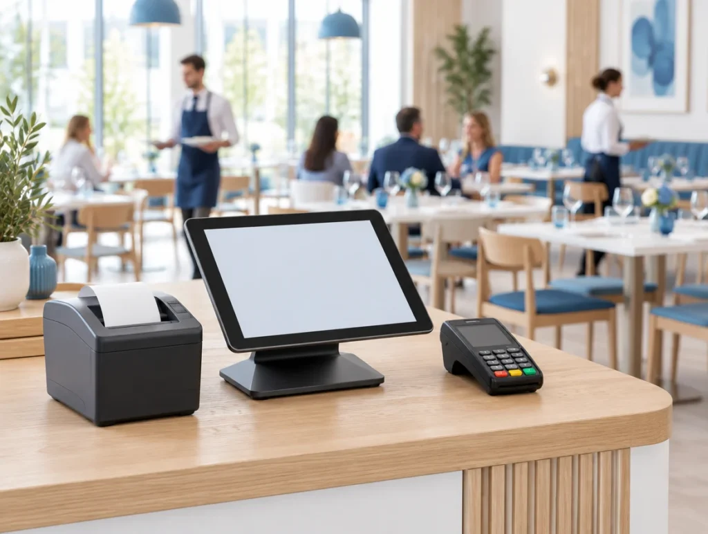 Tablet-Kasse mit Bondrucker und Kartenterminal an der Servicestation eines Restaurants