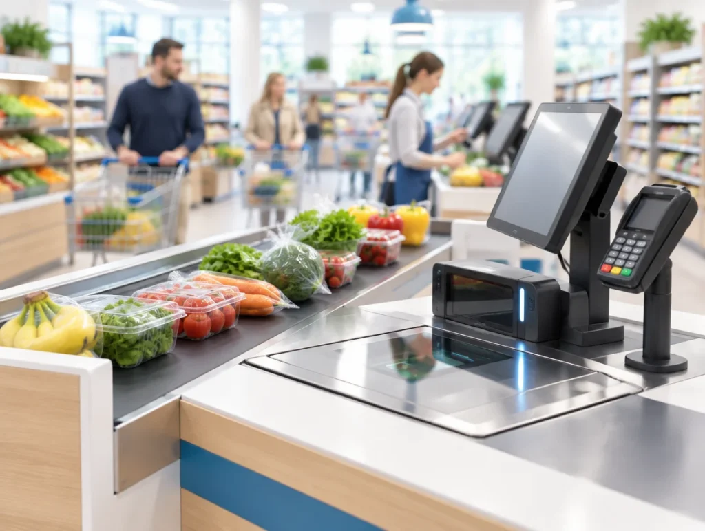 Scannerkasse mit Waage und Kartenterminal an einem Kassenband im Supermarkt