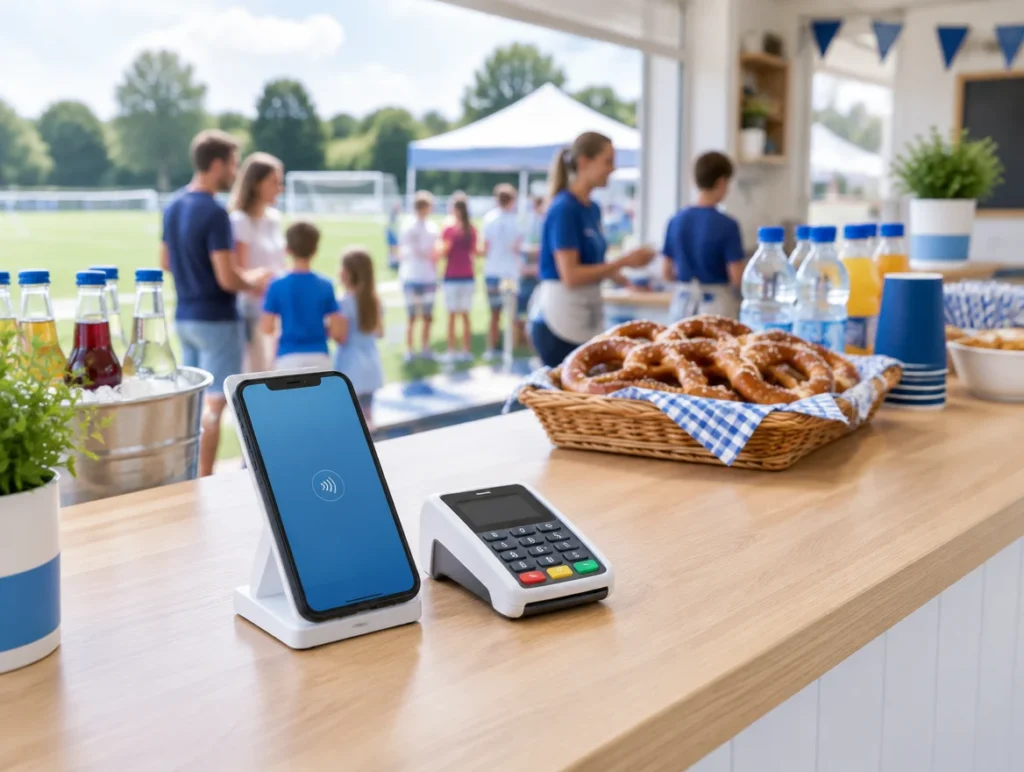 Smartphone-Kasse und Kartenterminal am Kiosk eines Vereinsfests am Sportplatz