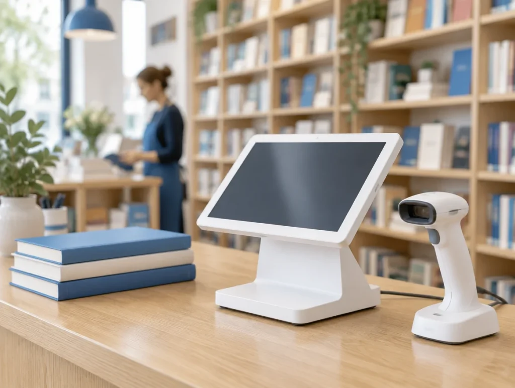 Touchkasse mit Barcodescanner auf der Holztheke einer Buchhandlung, daneben ein kleiner Stapel Bücher