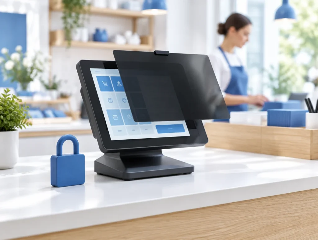 Touchkasse mit blauem Vorhängeschloss als Symbol für Datenschutz an der Kasse