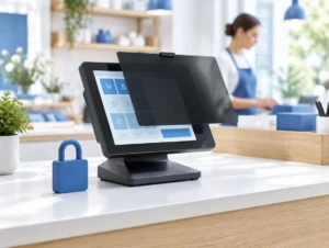 Touchkasse mit blauem Vorhängeschloss als Symbol für Datenschutz an der Kasse