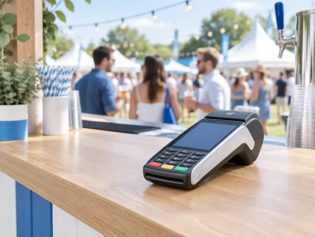 Mobiles Kassengerät mit Kartenleser auf der Holztheke eines Getränkestands, im Hintergrund Festivalbesucher und weiße Zelte
