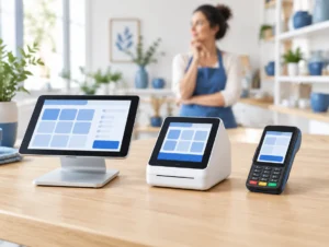 Tablet-Kasse, stationäre Touchkasse und mobiles Handgerät nebeneinander zum Vergleich