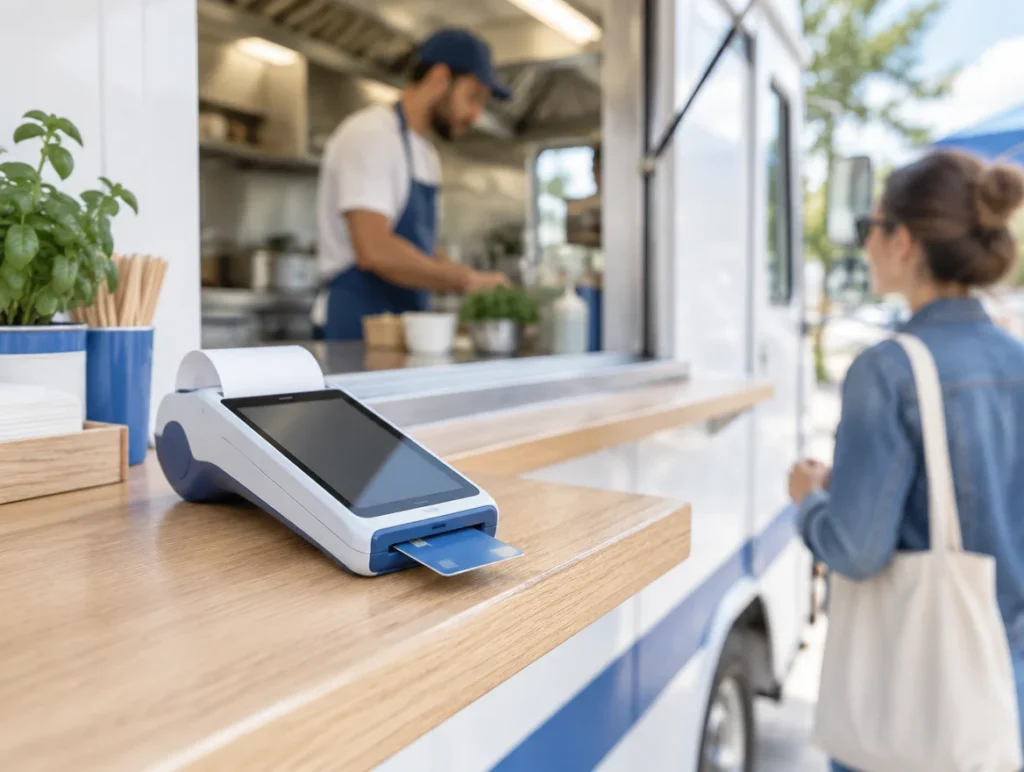 Mobiles Kassengerät mit Kartenleser auf der Holzablage am Ausgabefenster eines Foodtrucks