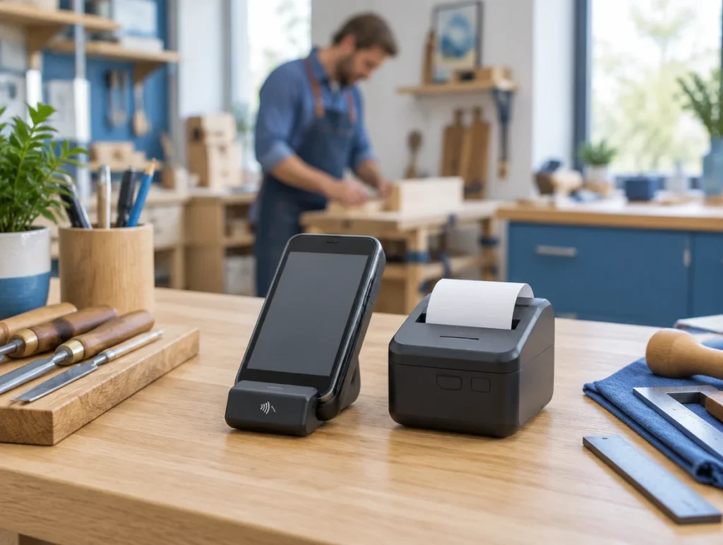 Mobiles Kassengerät mit Kartenleser und kleinem Bondrucker auf einer Werkbank aus Holz, daneben Handwerkzeug
