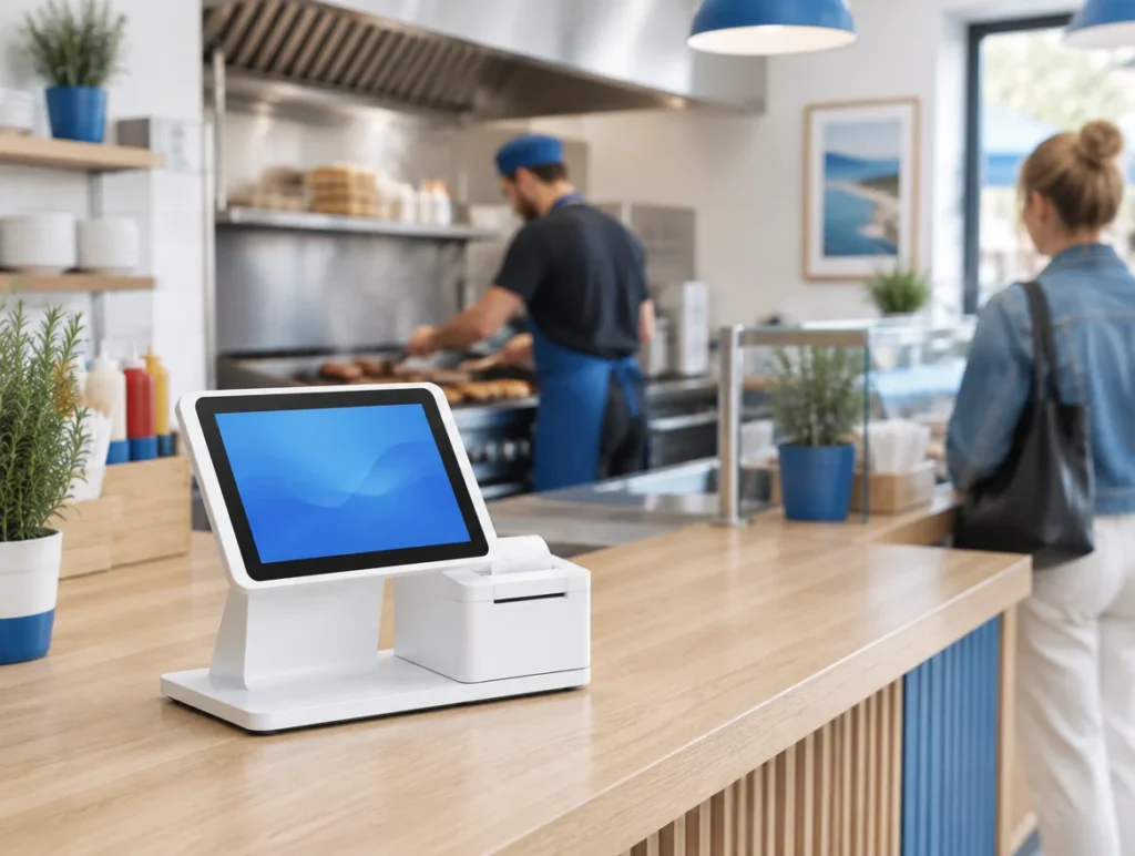 Kompakte Touchkasse mit Bondrucker auf einer Holztheke im Imbiss, im Hintergrund ein Koch am Grill