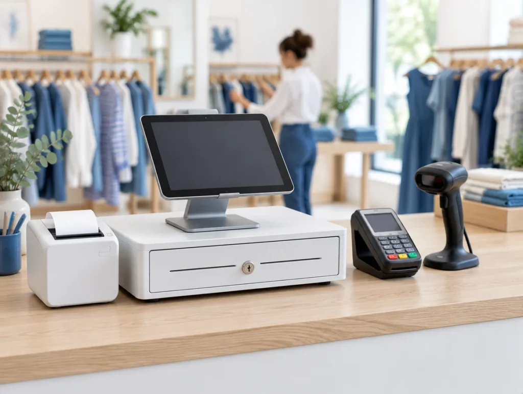 Komplettes Kassensystem mit Tablet, Bondrucker, Kassenlade, Kartenterminal und Scanner in einer Boutique