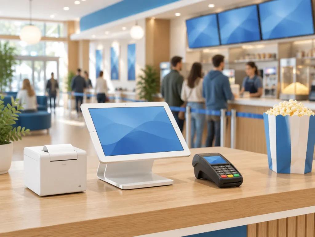 Kassensystem im Kinofoyer mit Tablet-Kasse, Bondrucker und Kartenterminal an der Theke