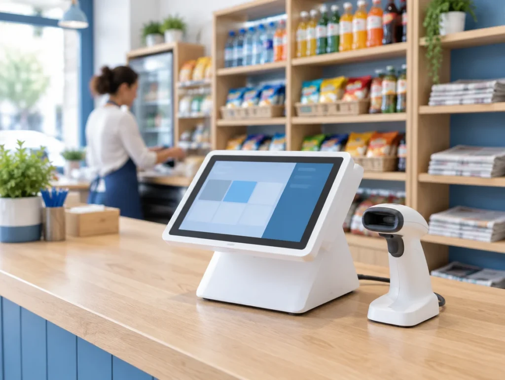 Kompakte Touchkasse mit Barcodescanner auf der Holztheke eines Kiosks, im Hintergrund Regale mit Getränken