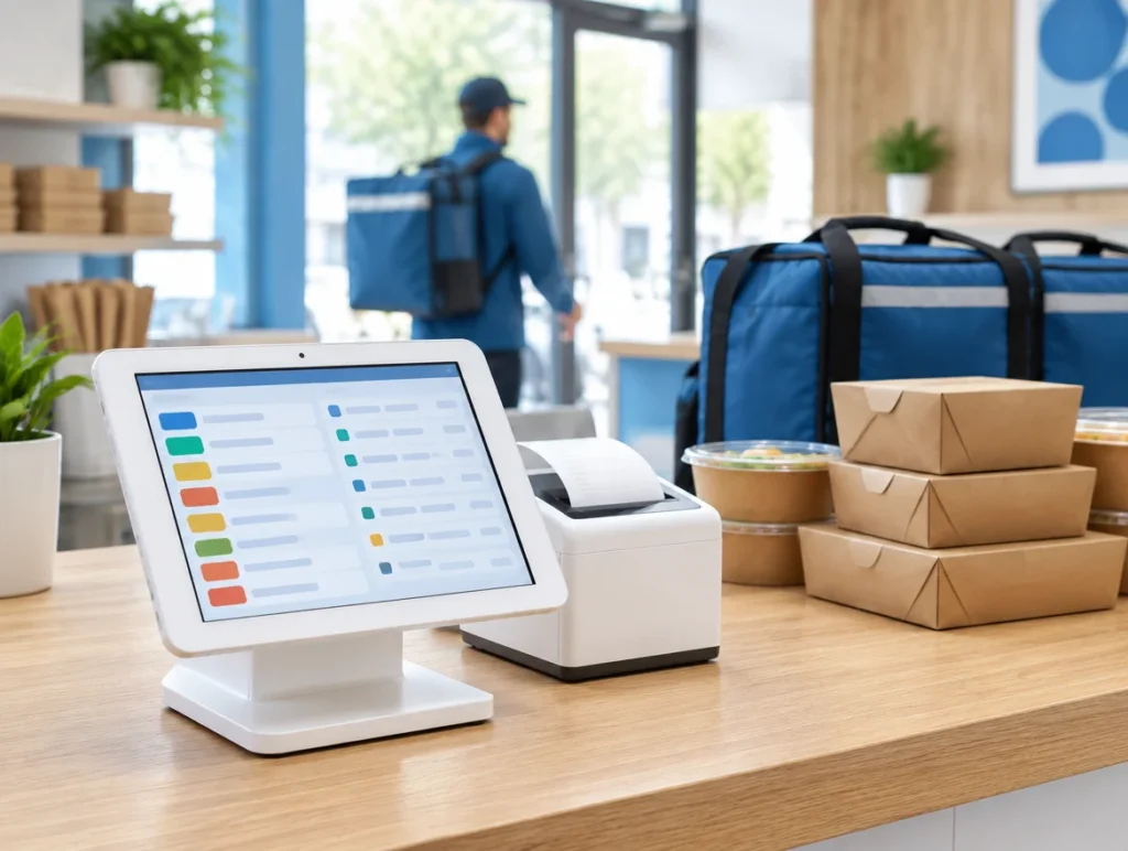 Tablet-Kasse mit Bestellübersicht und Bondrucker auf einer Holztheke, daneben Liefertaschen und Essensboxen