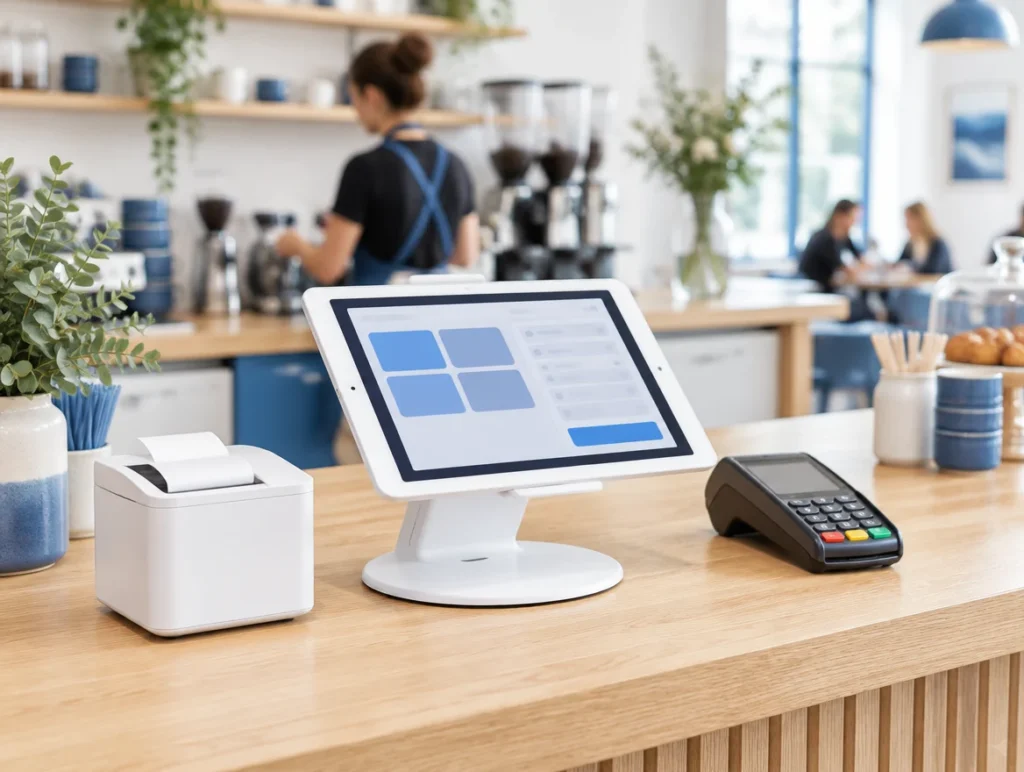 Tablet Kassensystem auf weißem Ständer mit Bondrucker und Kartenterminal an einer Cafétheke