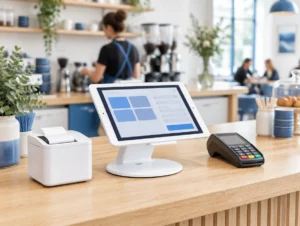Tablet Kassensystem auf weißem Ständer mit Bondrucker und Kartenterminal an einer Cafétheke