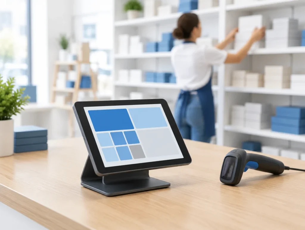 Tablet-Kasse und Handscanner auf einer Ladentheke vor Regalen mit Ware