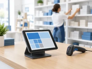 Tablet-Kasse und Handscanner auf einer Ladentheke vor Regalen mit Ware