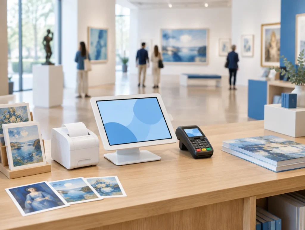 Kassensystem am Museumseingang mit Tablet-Kasse, Kartenterminal und Postkarten für den Museumsshop