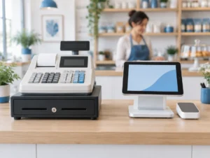 Klassische Registrierkasse mit Tastatur neben einer modernen Tablet-Kasse auf einer Ladentheke