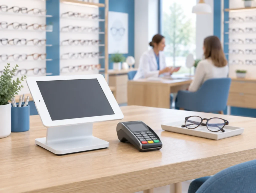 Tablet-Kasse und Kartenterminal auf dem Beratungstisch eines Optikers, daneben eine Brille auf einem Tablett