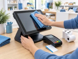 Reinigung einer Touchkasse mit Mikrofasertuch, daneben Reinigungskarte und Bonrollen