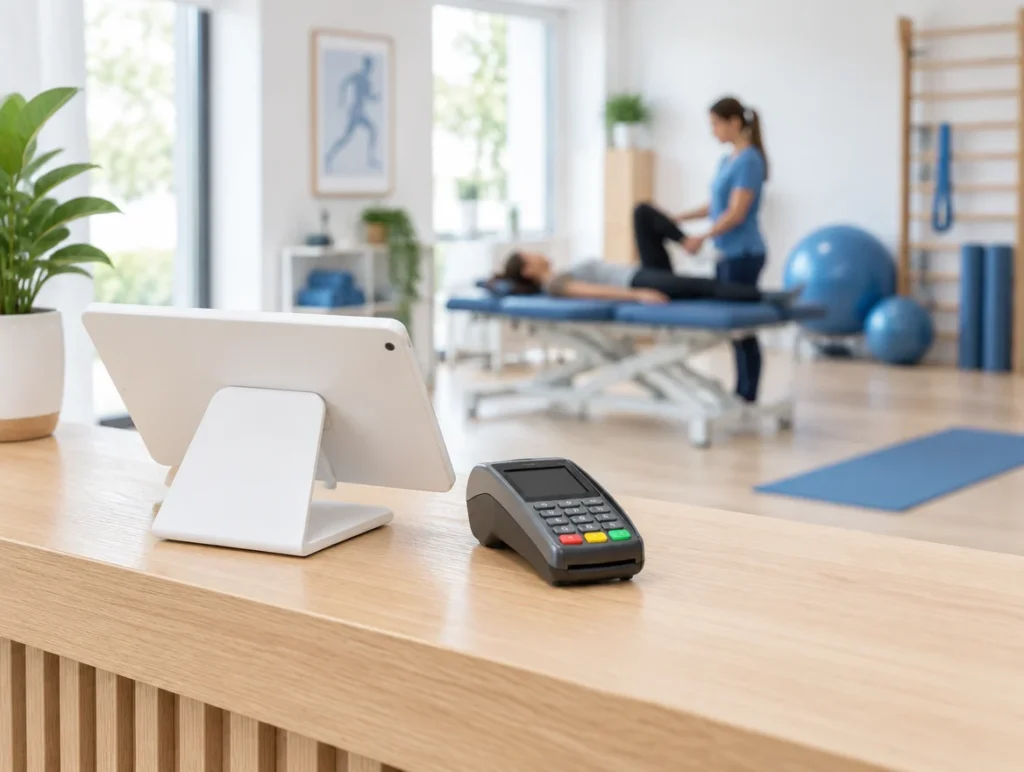 Tablet-Kasse und Kartenterminal auf dem Empfangstresen einer Physiotherapiepraxis, im Hintergrund ein Behandlungsraum