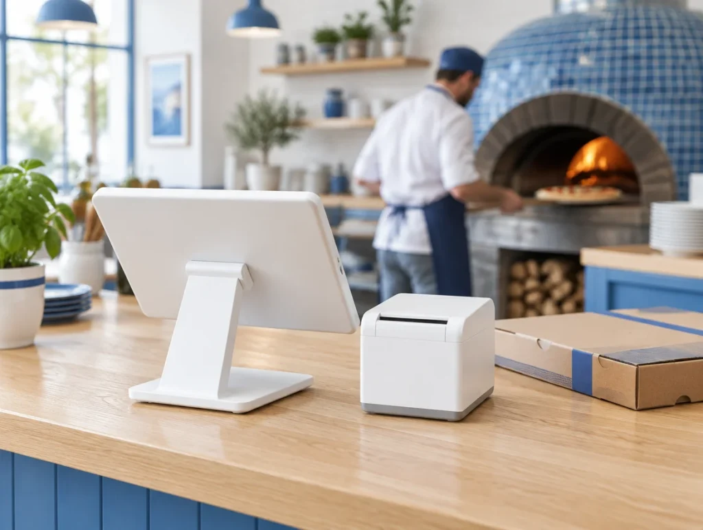 Tablet-Kasse mit Bondrucker auf einer Holztheke in der Pizzeria, im Hintergrund ein Pizzabäcker am Steinofen