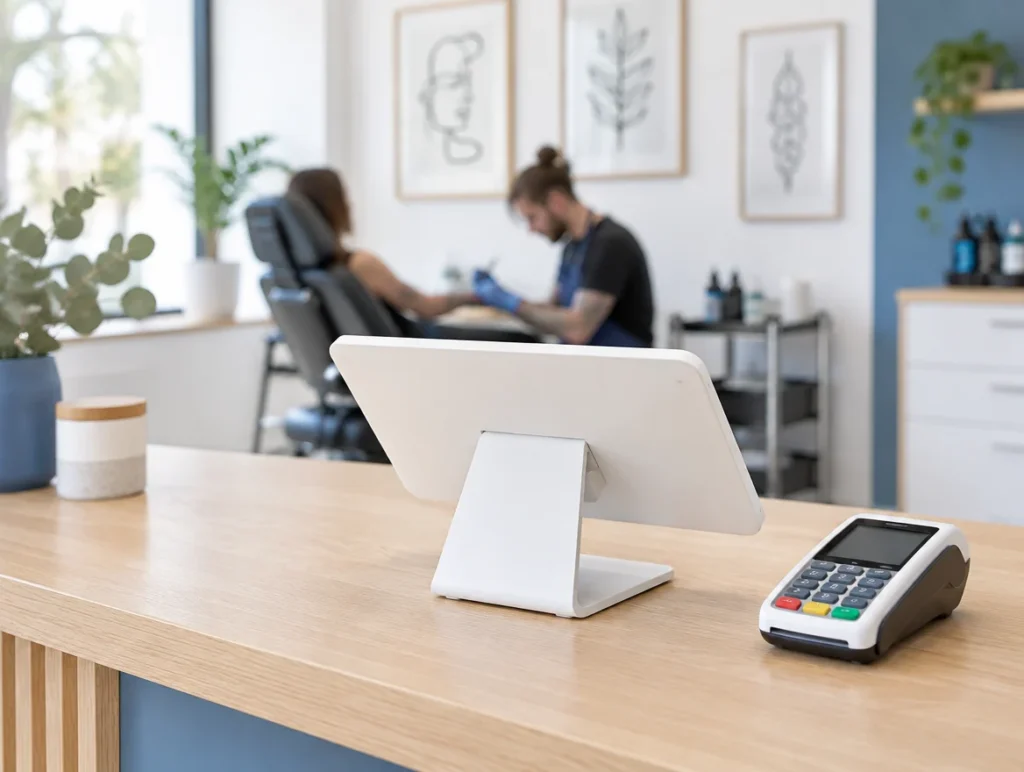 Tablet-Kasse und Kartenterminal auf dem Holztresen eines hellen Tattoostudios, im Hintergrund ein Tätowierer