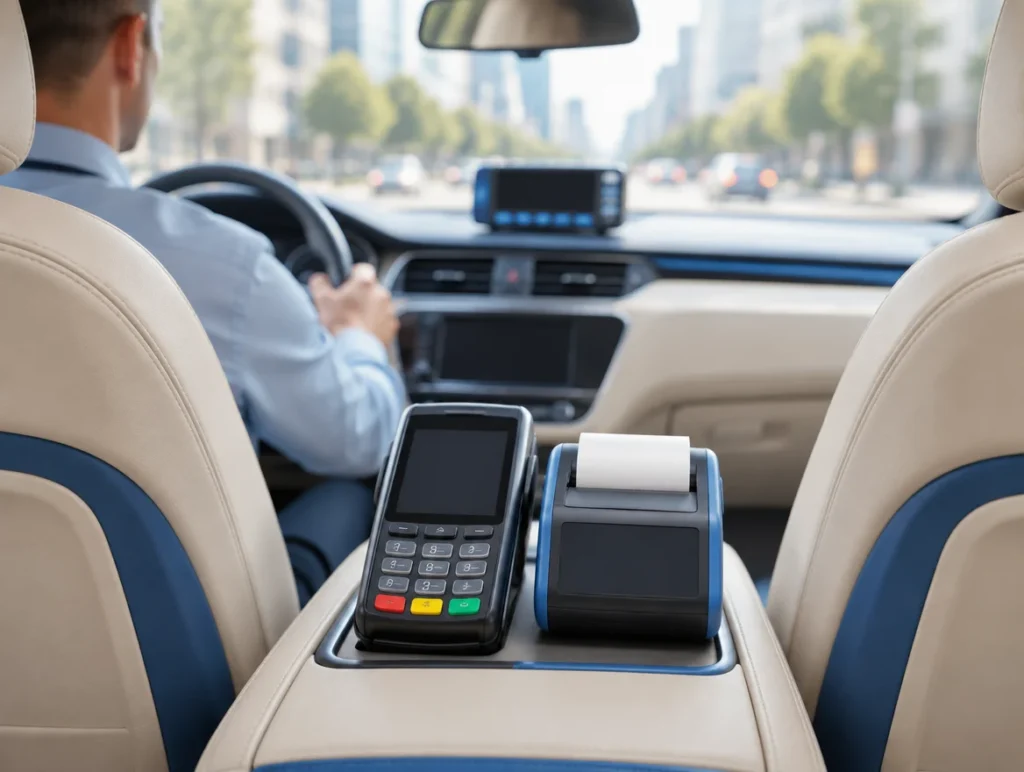 Mobiles Kartenterminal und kleiner Belegdrucker auf der Mittelkonsole eines hellen Taxis, im Hintergrund unscharf der Fahrer und das Taxameter