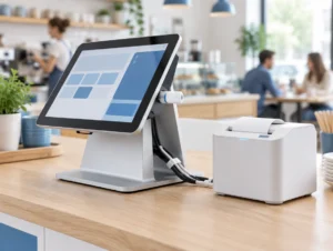 Touchscreen-Kasse mit Bondrucker und eingestecktem Sicherheitsmodul