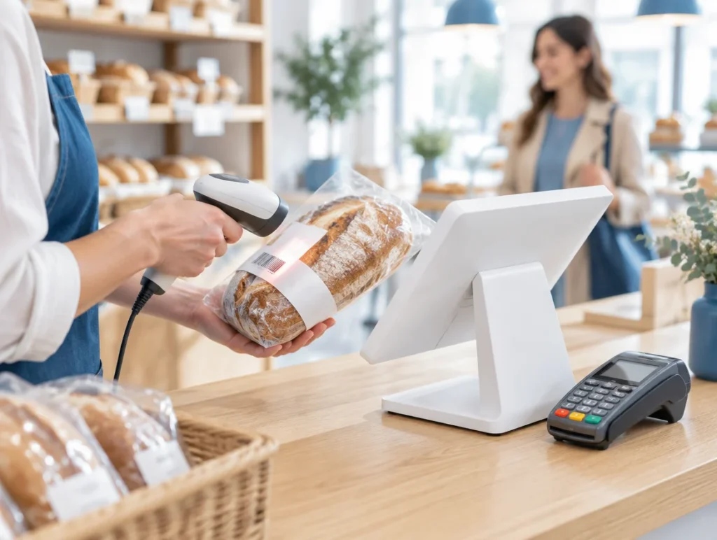 Brot wird in einer Bäckerei an der Kasse per Barcodescanner erfasst