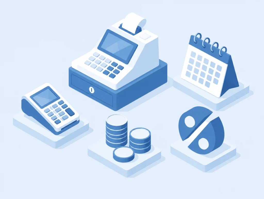 Illustration der Kostenbausteine eines Kassensystems mit Kasse, Kartenterminal und Münzen