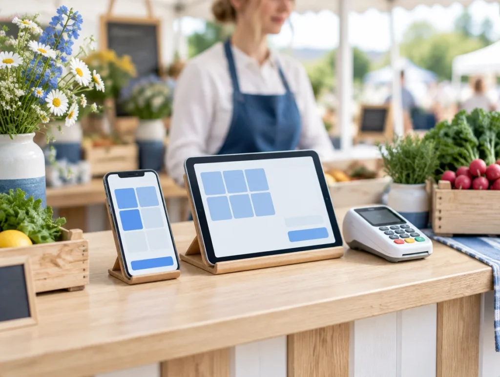 Smartphone und Tablet als Kassen App neben einem Kartenleser an einem Marktstand