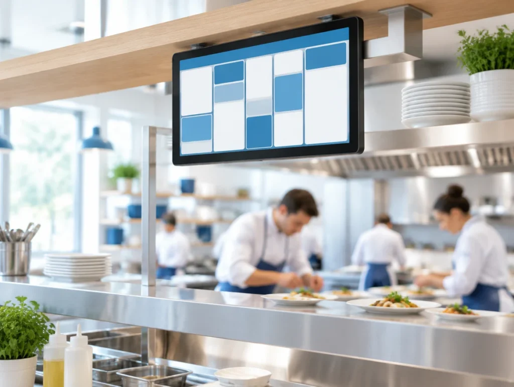 Küchenmonitor über dem Pass einer Restaurantküche, Köche unscharf im Hintergrund