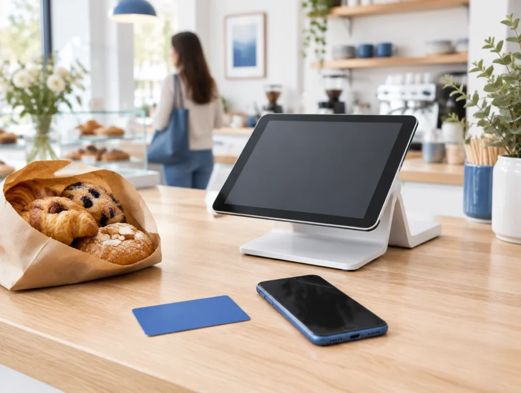 Blaue Kundenkarte und Smartphone neben einer Tablet-Kasse in einem kleinen Café