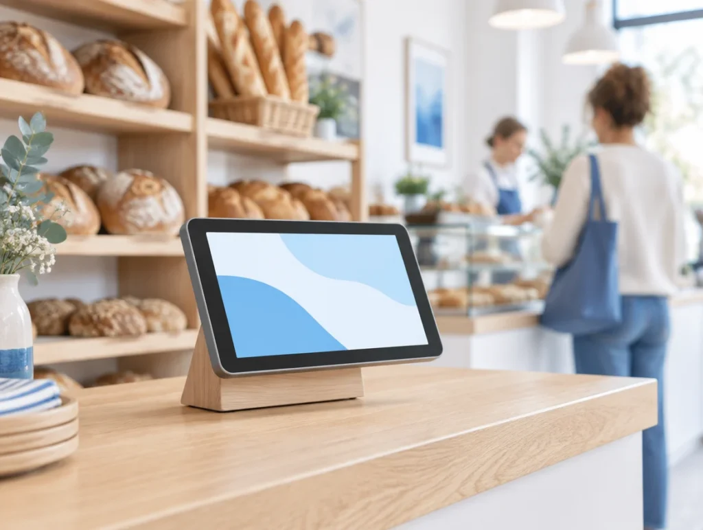 Kundendisplay auf der Theke einer Bäckerei, zur Kundschaft ausgerichtet