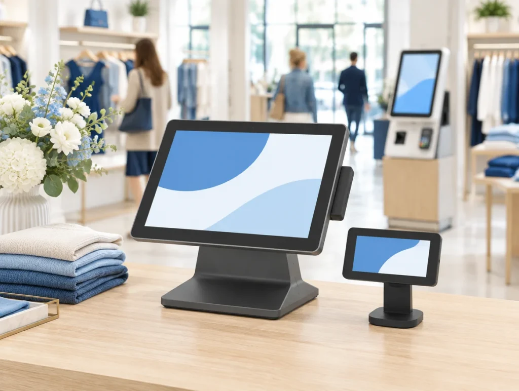 Stationäre Touchkasse mit Kundendisplay auf der Theke einer Boutique