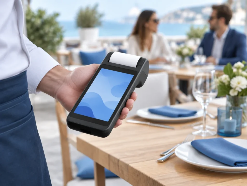 Kellner kassiert auf der Restaurantterrasse mit einem mobilen Kassengerät am Tisch