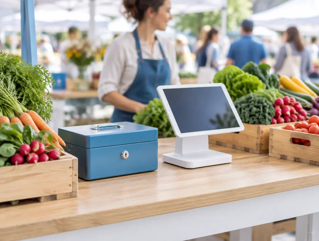 Geldkassette und Tablet-Kasse an einem Marktstand mit Gemüse