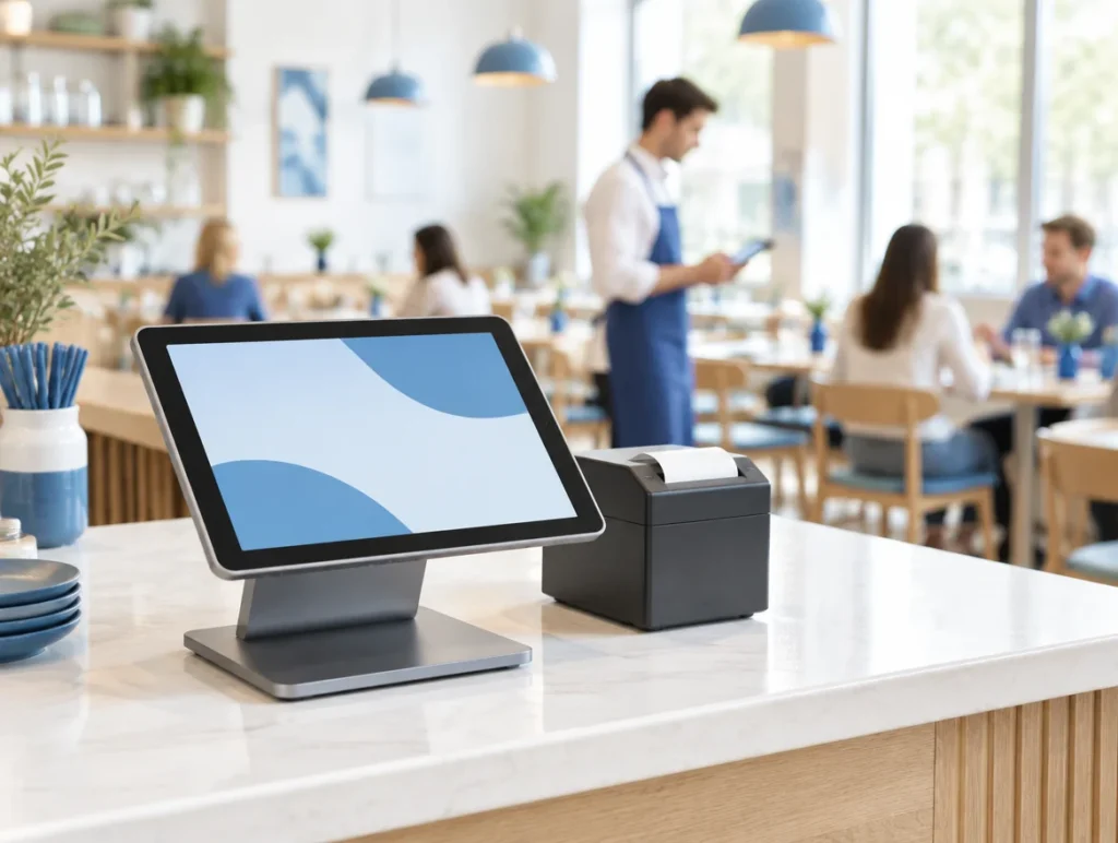 Tablet-Kasse mit Bondrucker an der Theke eines hellen Restaurants