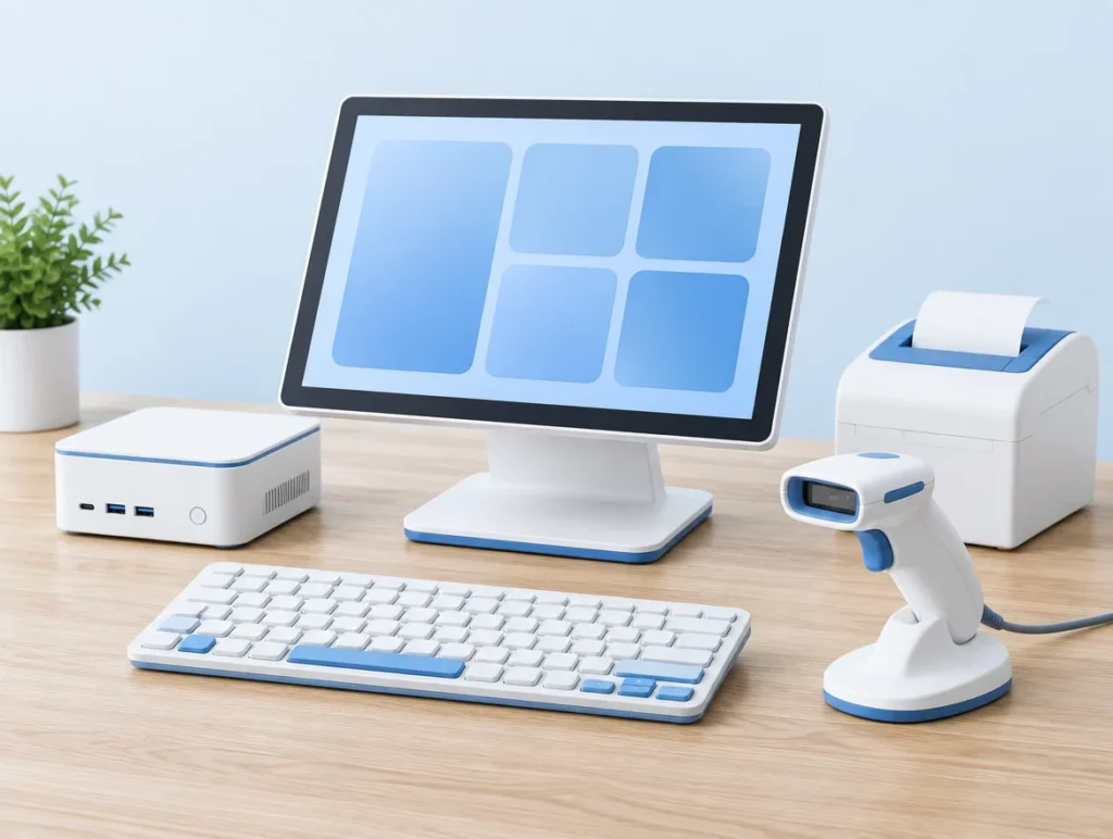 PC-Kasse mit Touchmonitor, Mini-PC, Tastatur, Barcodescanner und Bondrucker