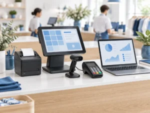 Kassenarbeitsplatz mit Touchkasse, Bondrucker, Scanner und Kartenterminal neben einem Laptop